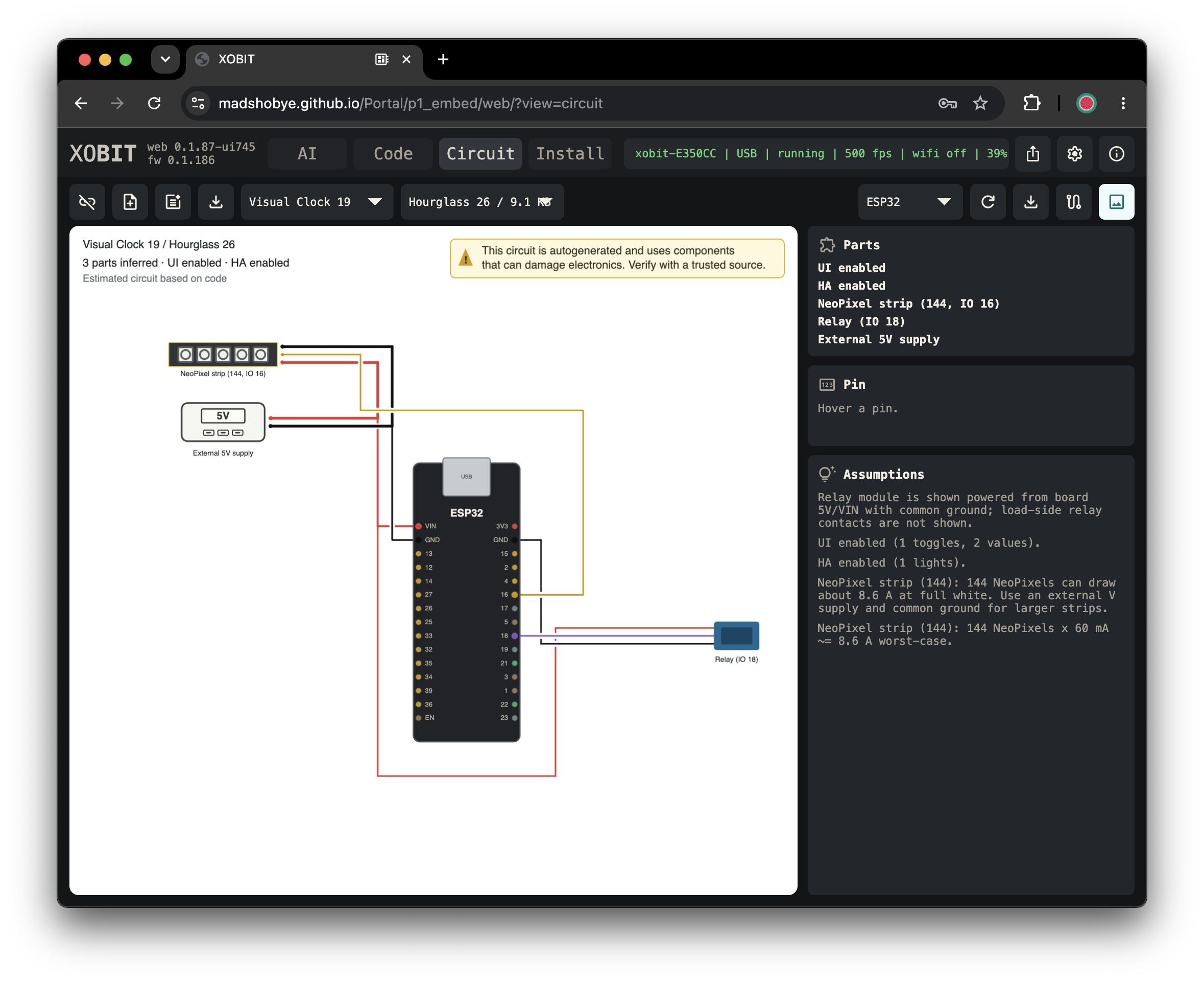 XOBIT circuit workspace with generated wiring diagram
