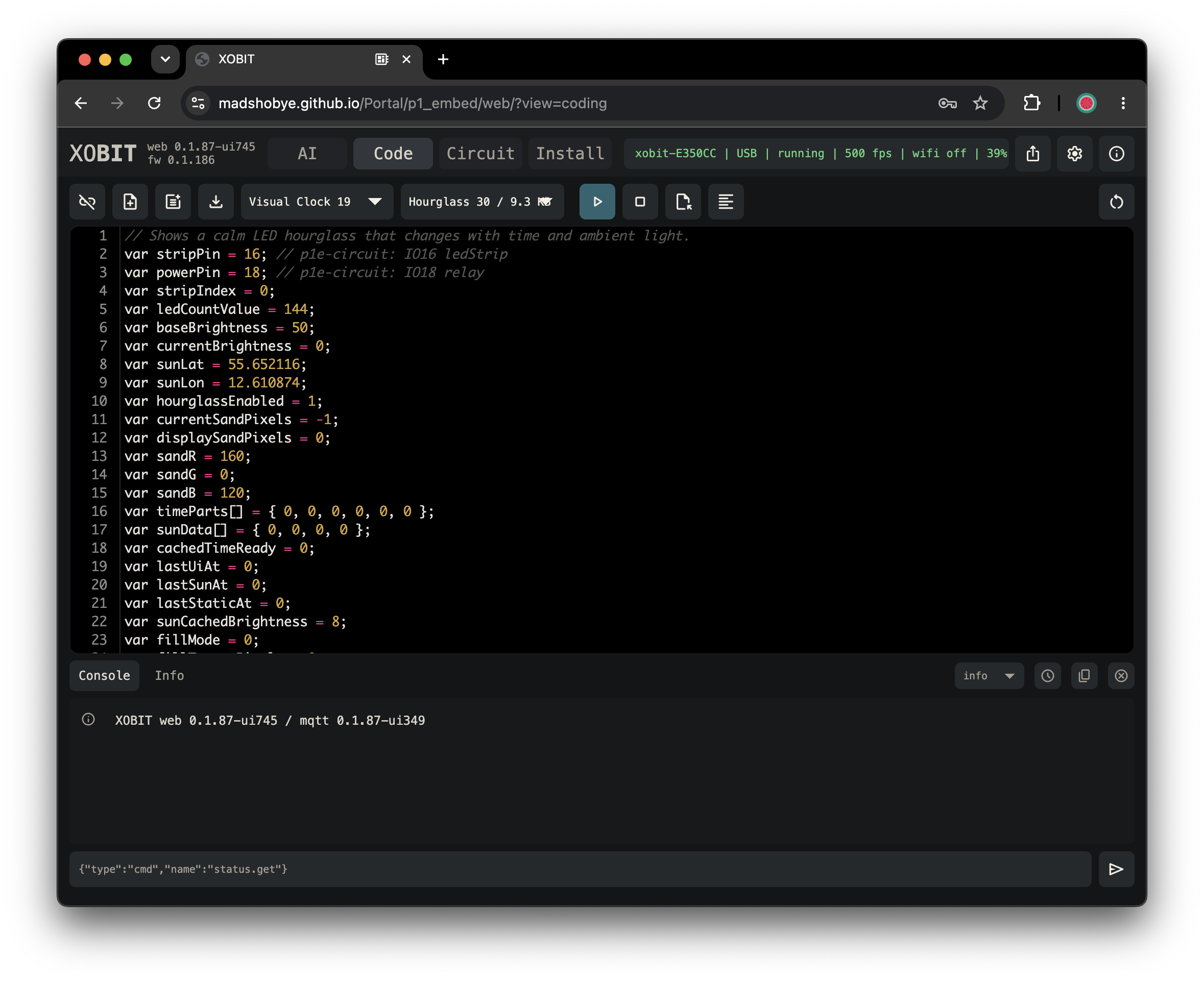 XOBIT code workspace with editor and console