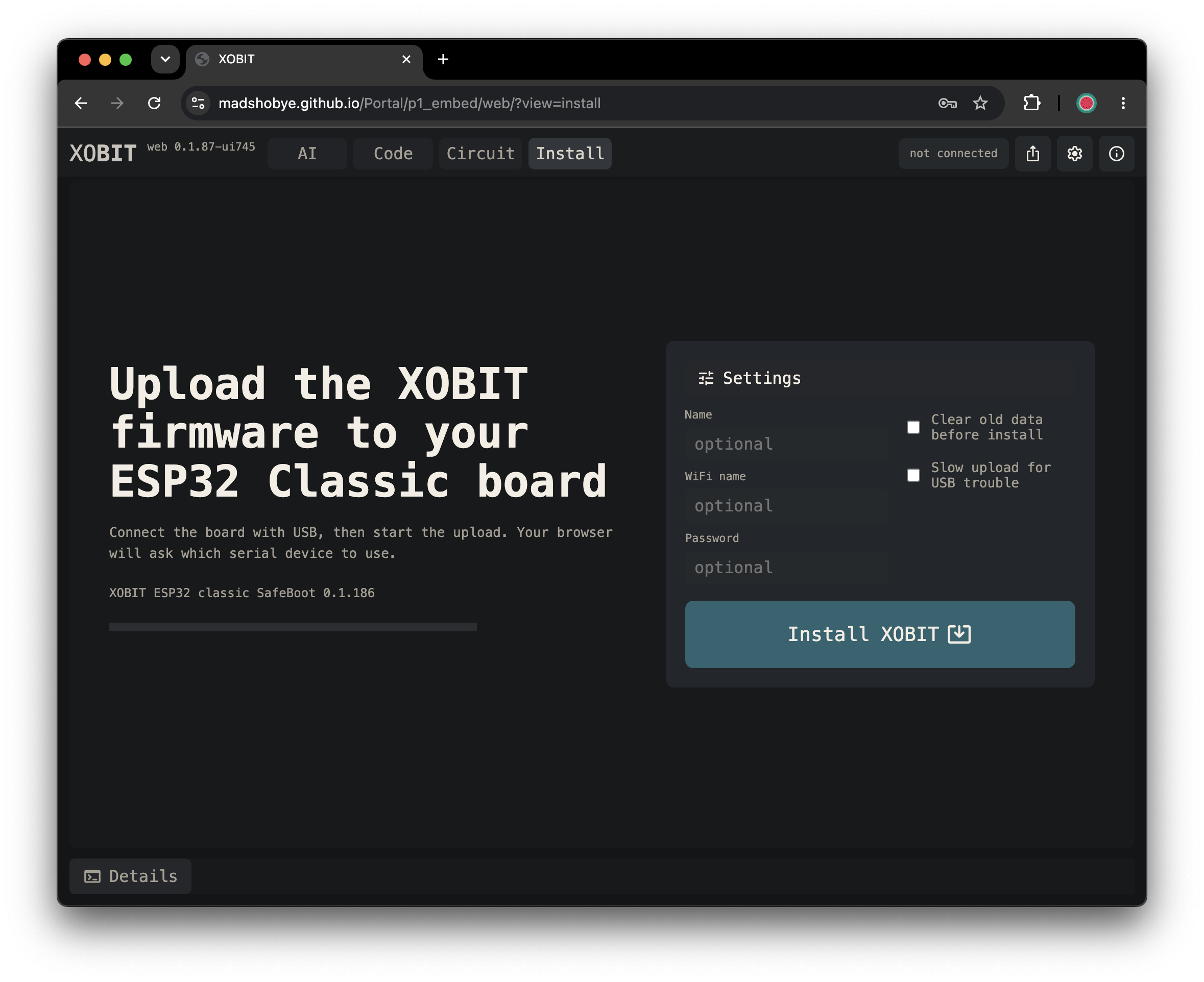 XOBIT install workspace with firmware upload settings