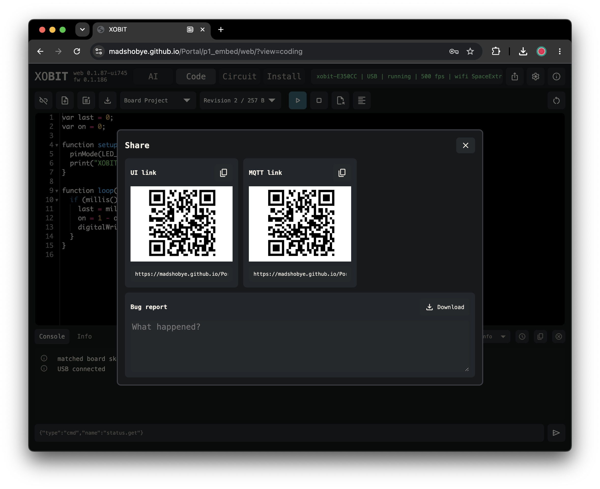 XOBIT share dialog with QR codes and bug report export